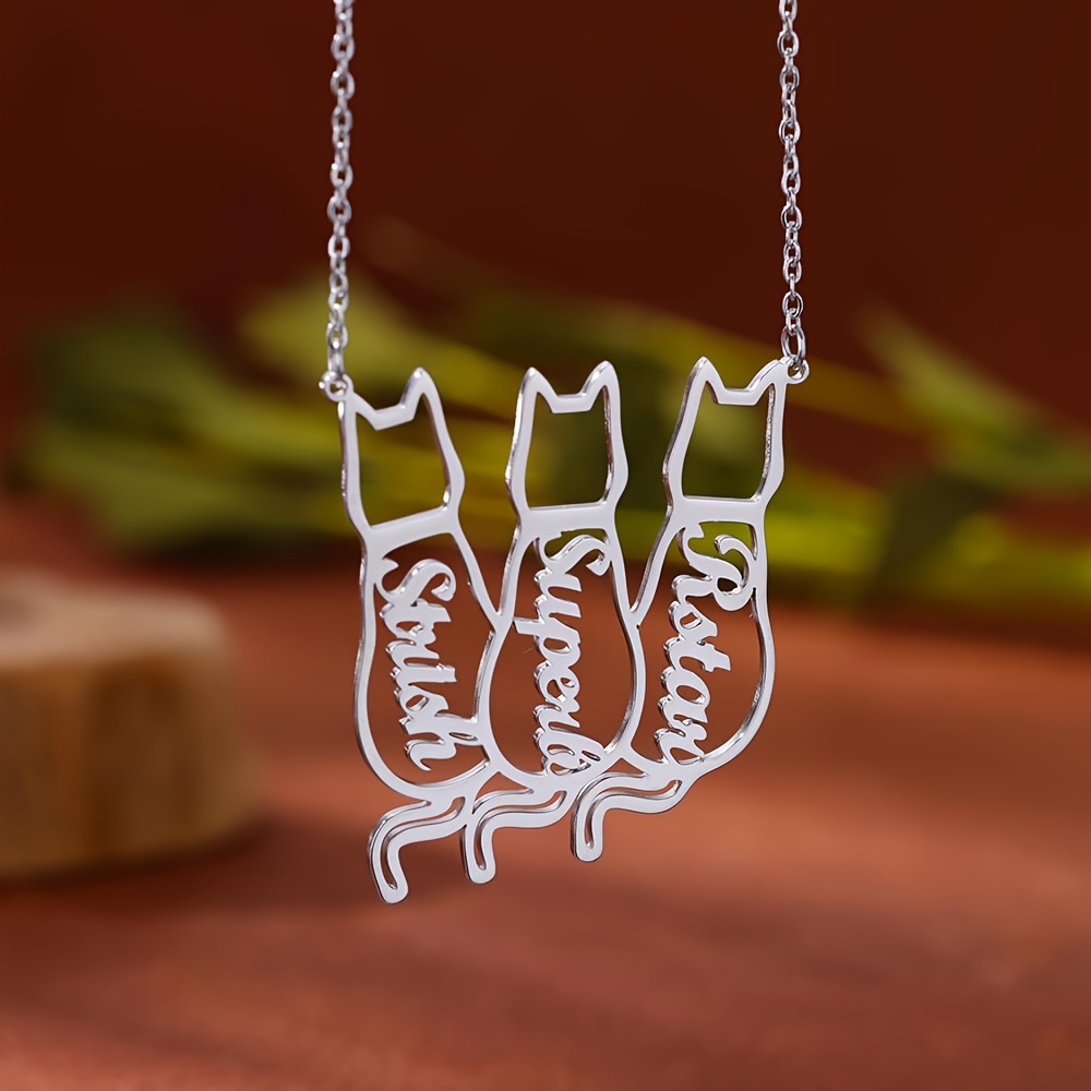 Custom Hollow Cat Silhouette Stainless Steel Necklace With English Names
